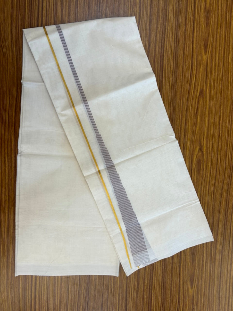 20% Discount ! Kaitharikada Balaramapuram 100% Pure Cotton Double Off white (Unbleached) Mundu/Dhoti - 100x80 - 1.5 inch Gold Kasav & Pastel Maroon Shaded Stripes Chutty Kara - 18 KK5283 PMC