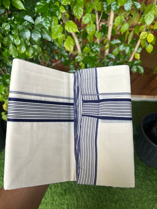 25% DISCOUNT!! KaithariKada HANDLOOM  UNAKKUPAAV Balaramapuram - 100% PURE Cotton OFF White - (Unbleached) Double Mundu/Dothi - 80X100 - 1.75 inch Navy Blue Striped Kara - 27KK5209 REA