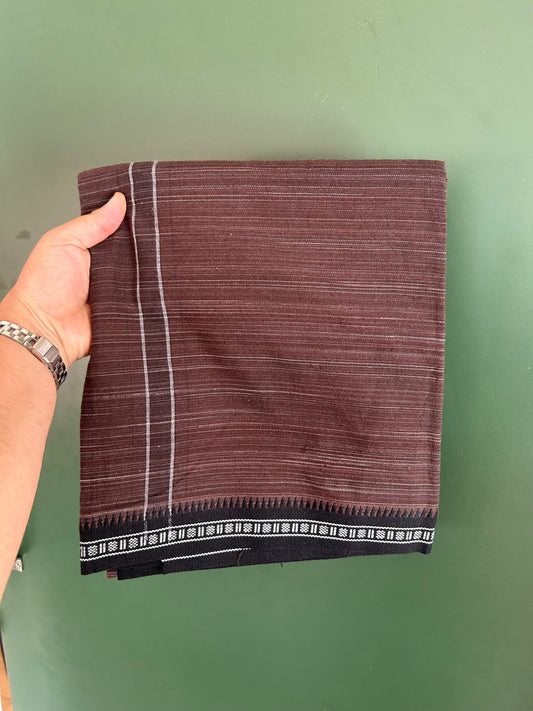 Premium Kathar Type Pure Cotton Single Mundu Kaitharikada - Kaily / Lungi - 2/ 20s - 1.75 inch White Striped kara with Dark Brown colour Body Kuppadam Border 2.25 mtr (4.82 muzham) - 3 KK8093 KUT
