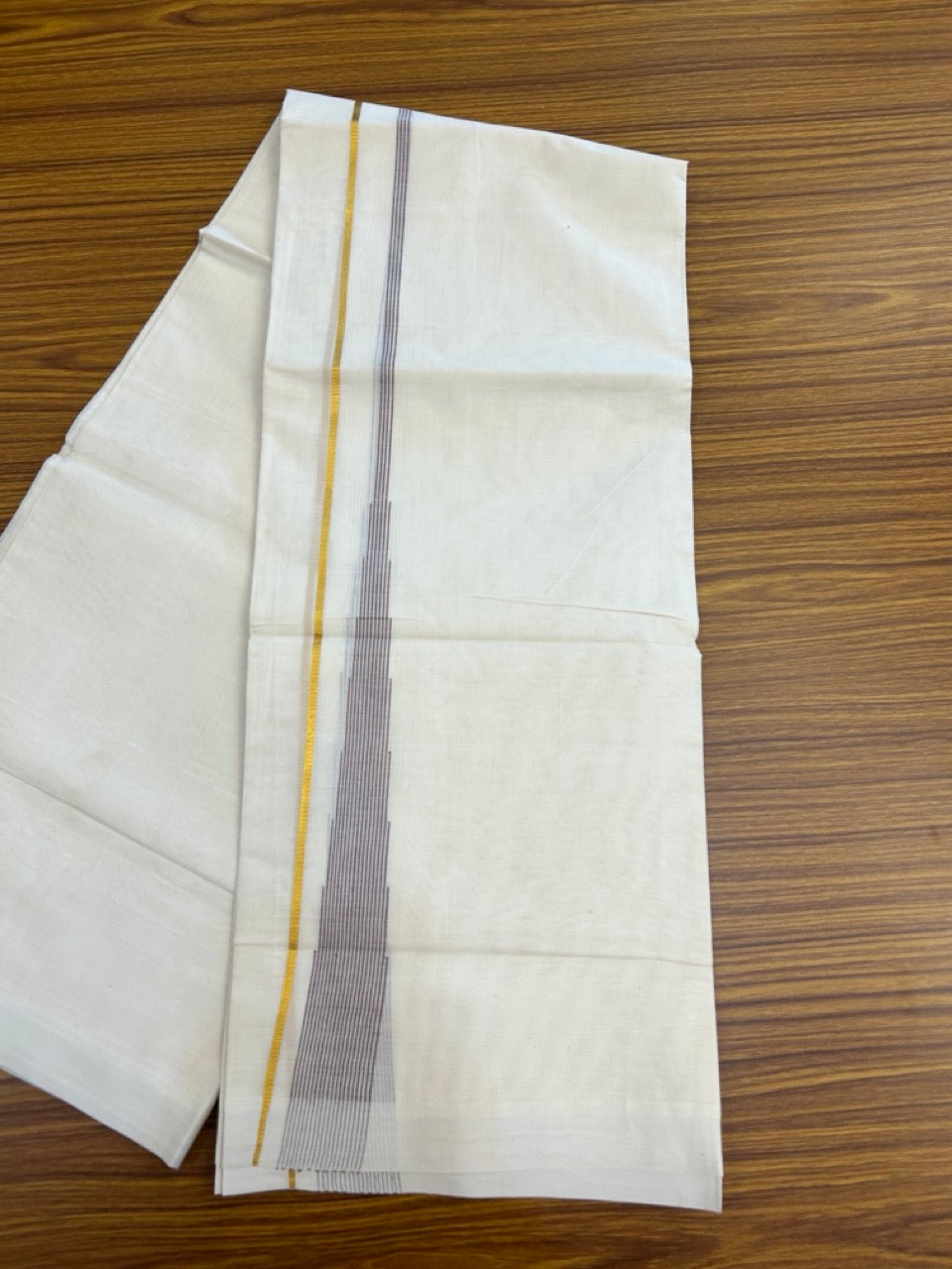 20% Discount ! Kaitharikada Balaramapuram 100% Pure Cotton Double Off white (Unbleached) Mundu/Dhoti - 100x80 - 1.5 inch Gold Kasav & Pastel Maroon Shaded Stripes Chutty Kara - 18 KK5283 PMC