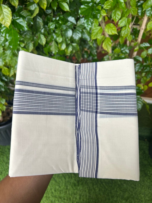 25% DISCOUNT!! KaithariKada HANDLOOM  UNAKKUPAAV Balaramapuram - 100% PURE Cotton OFF White - (Unbleached) Double Mundu/Dothi - 80x100 - 1.75 inch Blue Shaded Striped Kara- 29KK5209 REA
