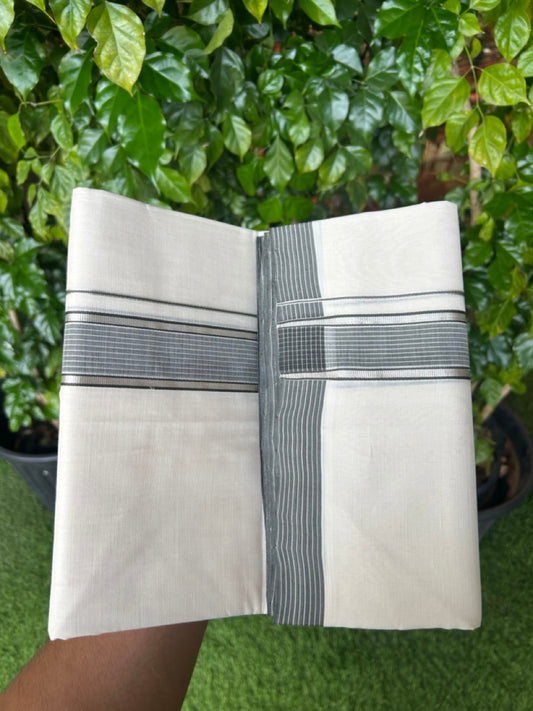 25% DISCOUNT!! KaithariKada HANDLOOM  UNAKKUPAAV Balaramapuram - 100% PURE Cotton OFF White - (Unbleached) Double Mundu/Dothi - 120(Twisted) x 100 - 1.5 inch Silver Kasavu & Ash Green Striped Kara - 31KK5209 REA