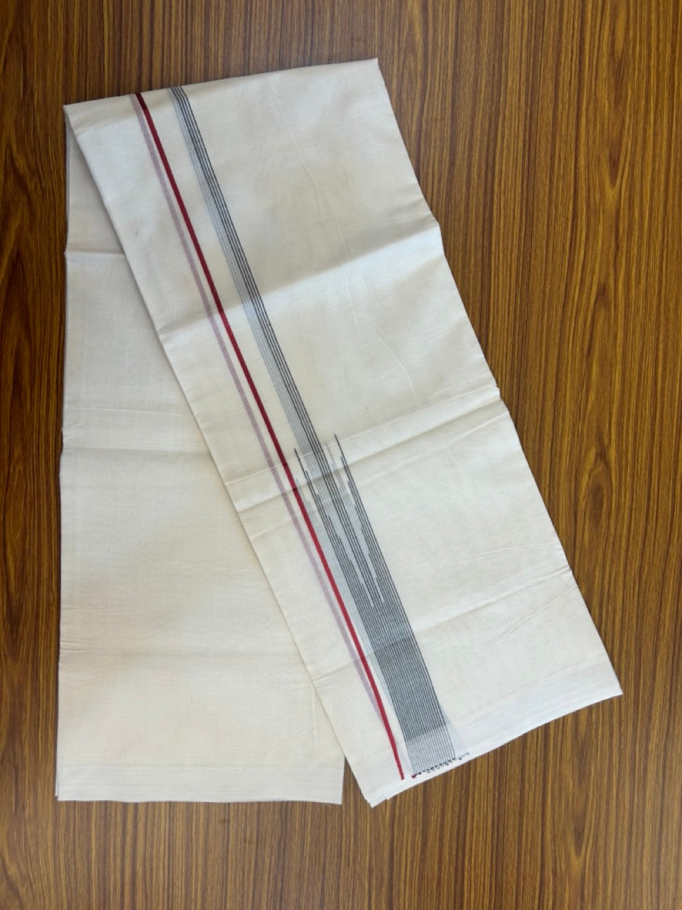 20% Discount! KaithariKada Balaramapuram 100%  Cotton Double off white (Unbleached) Mundu/Dhoti - 100X80 - 1.5 inch Red kasav & Black Striped chutty Kara 4 mtr (8.5 Muzham) - 45 KK5283 PMC
