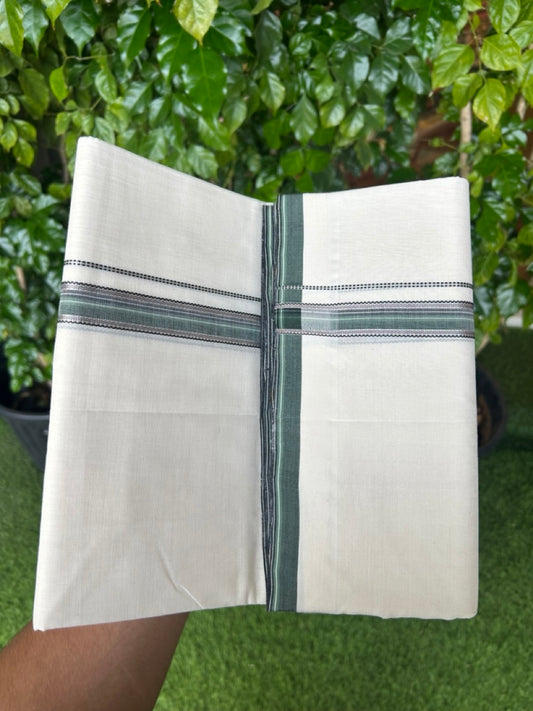 25% DISCOUNT!! KaithariKada HANDLOOM  UNAKKUPAAV Balaramapuram - 100% PURE Cotton OFF White - (Unbleached) Double Mundu/Dothi - 80x100 - 0.75 inch Silver Kasavu Black & Green Striped Kara- 30KK5209 REA