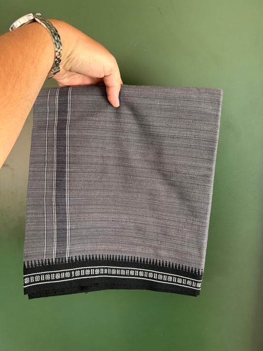 Premium Kathar Type Pure Cotton Single Mundu Kaitharikada - Kaily / Lungi - 2/ 20s - 1.75 inch Black White Striped kara with Grey colour Body Kuppadam Border 2.25 mtr (4.82 muzham) - 4 KK8093 KUT