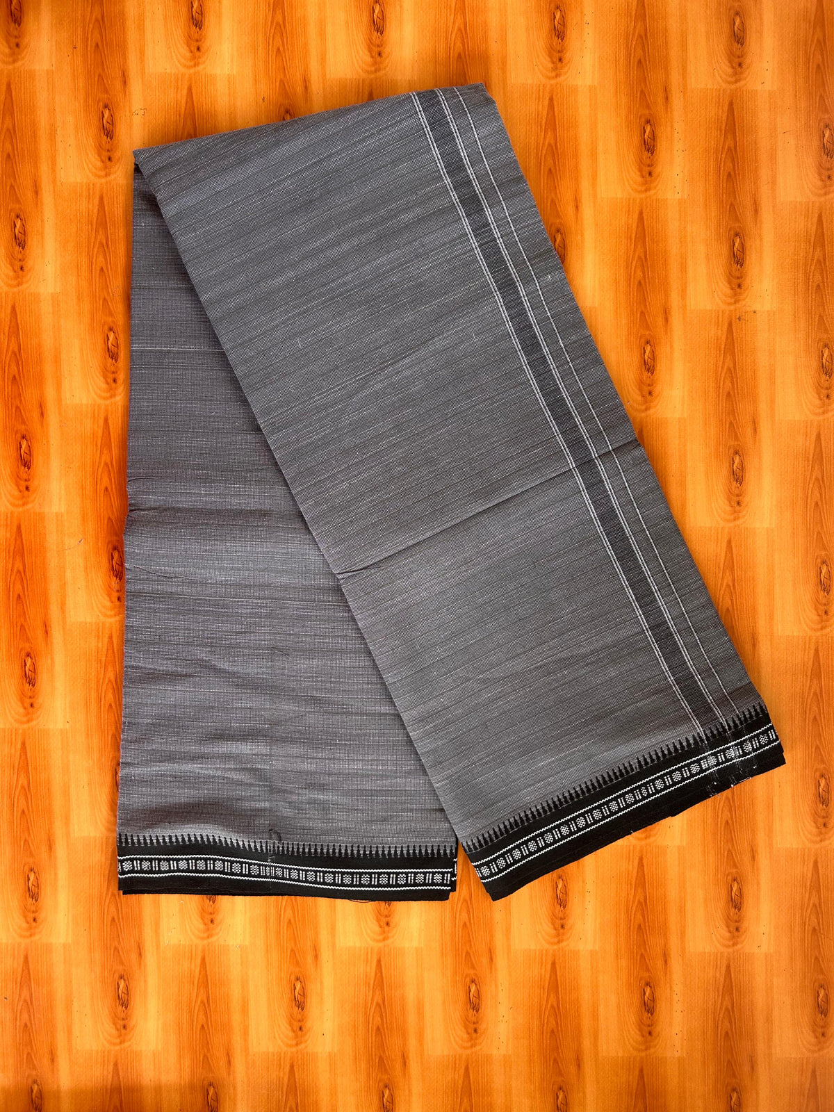 Premium Kathar Type Pure Cotton Single Mundu Kaitharikada - Kaily / Lungi - 2/ 20s - 1.75 inch Black White Striped kara with Grey colour Body Kuppadam Border 2.25 mtr (4.82 muzham) - 4 KK8093 KUT