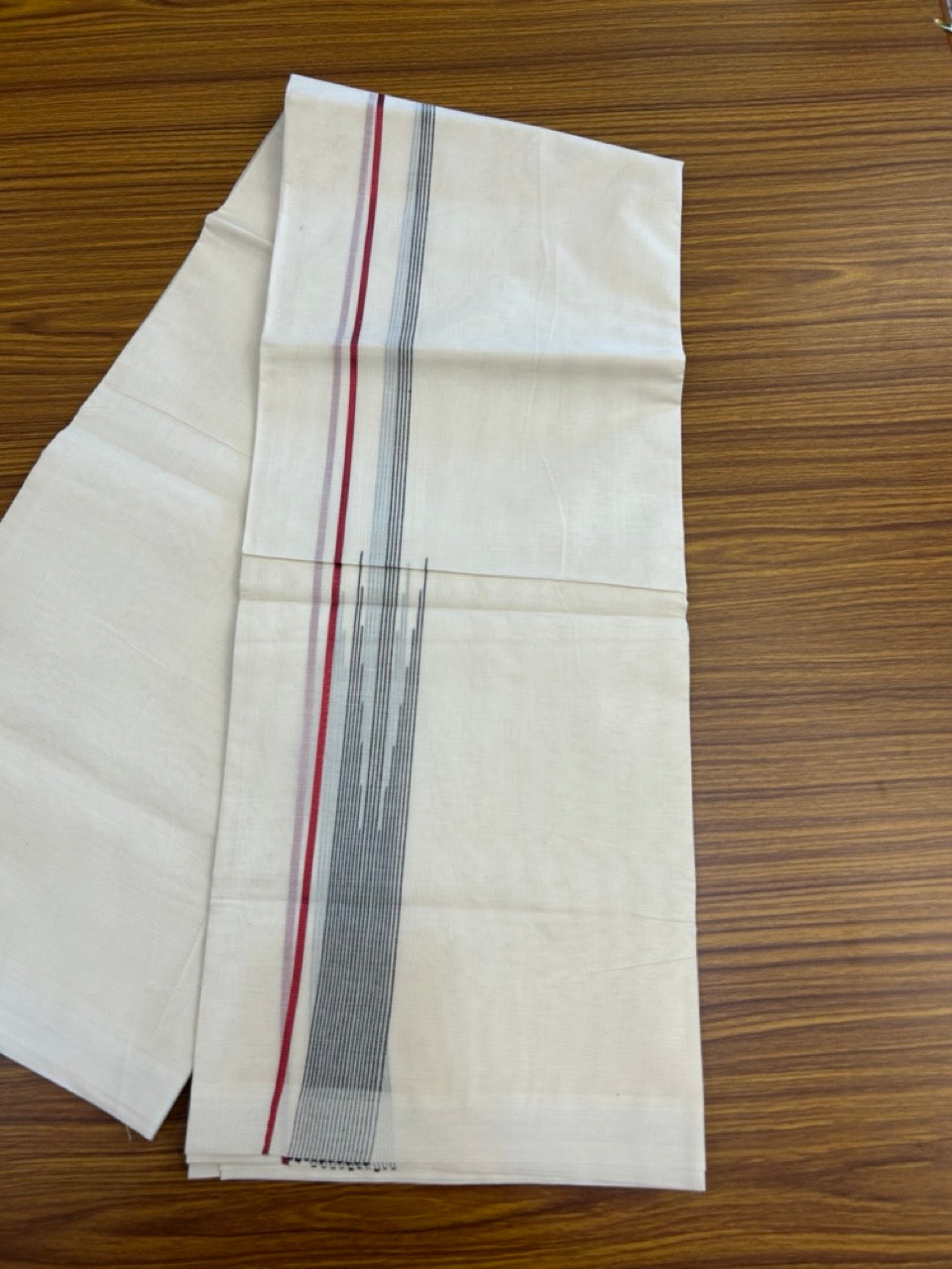 20% Discount! KaithariKada Balaramapuram 100%  Cotton Double off white (Unbleached) Mundu/Dhoti - 100X80 - 1.5 inch Red kasav & Black Striped chutty Kara 4 mtr (8.5 Muzham) - 45 KK5283 PMC