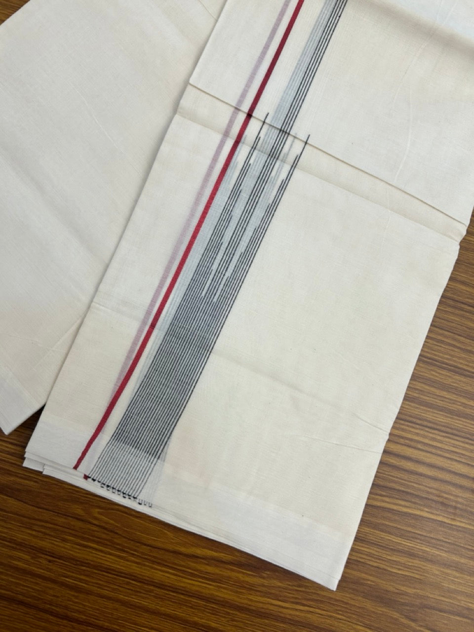 20% Discount! KaithariKada Balaramapuram 100%  Cotton Double off white (Unbleached) Mundu/Dhoti - 100X80 - 1.5 inch Red kasav & Black Striped chutty Kara 4 mtr (8.5 Muzham) - 45 KK5283 PMC
