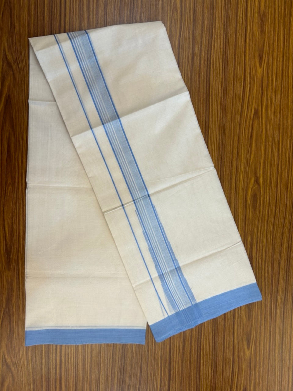 20% Discount! KaithariKada Balaramapuram 100% Cotton Double off white (Unbleached) Mundu/Dhoti - 100X80 - 1.5 inch Sky Blue Striped chutty Kara 4 mtr (8.5 Muzham) - 53 KK5283 PMC