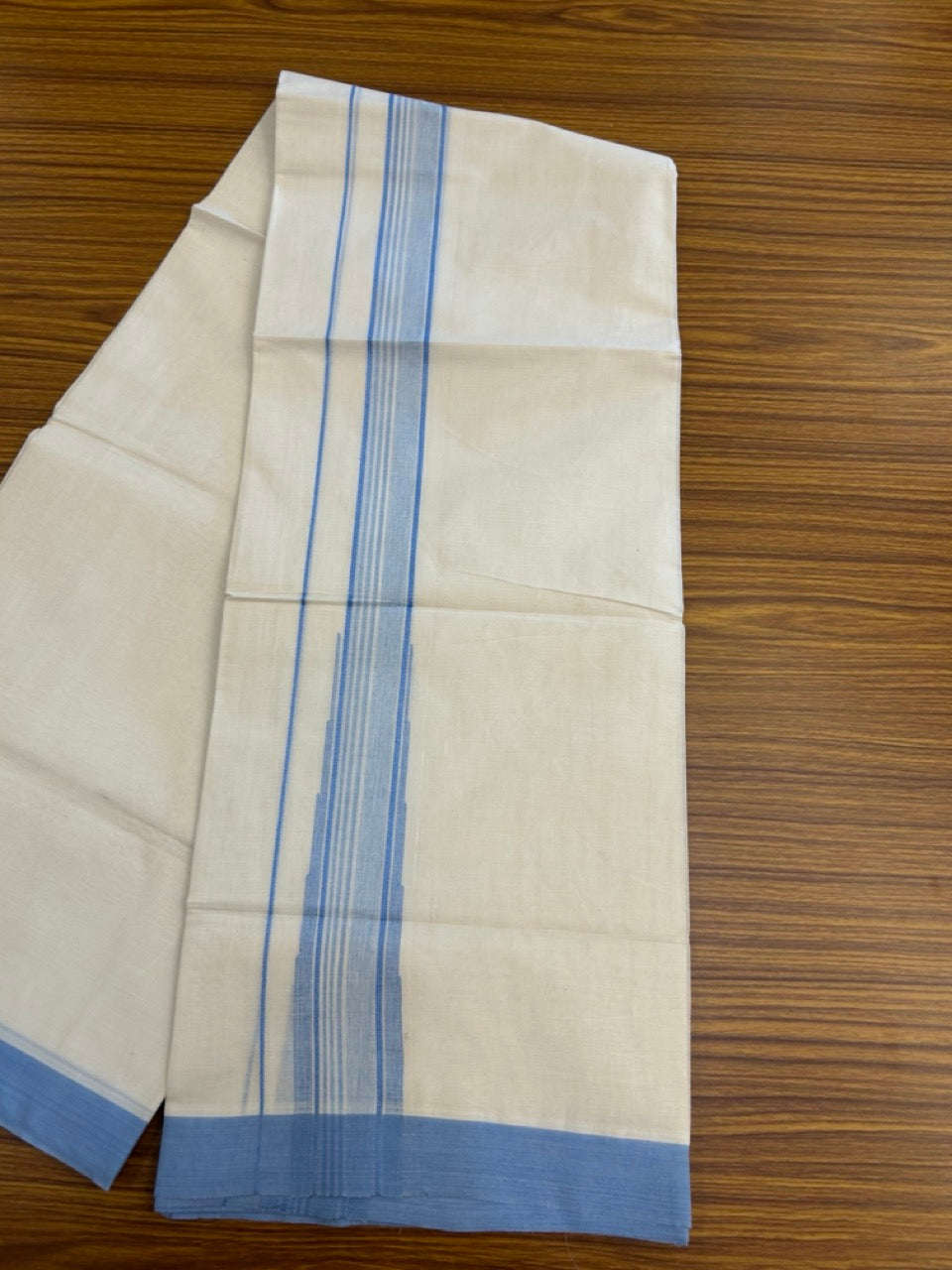 20% Discount! KaithariKada Balaramapuram 100% Cotton Double off white (Unbleached) Mundu/Dhoti - 100X80 - 1.5 inch Sky Blue Striped chutty Kara 4 mtr (8.5 Muzham) - 53 KK5283 PMC