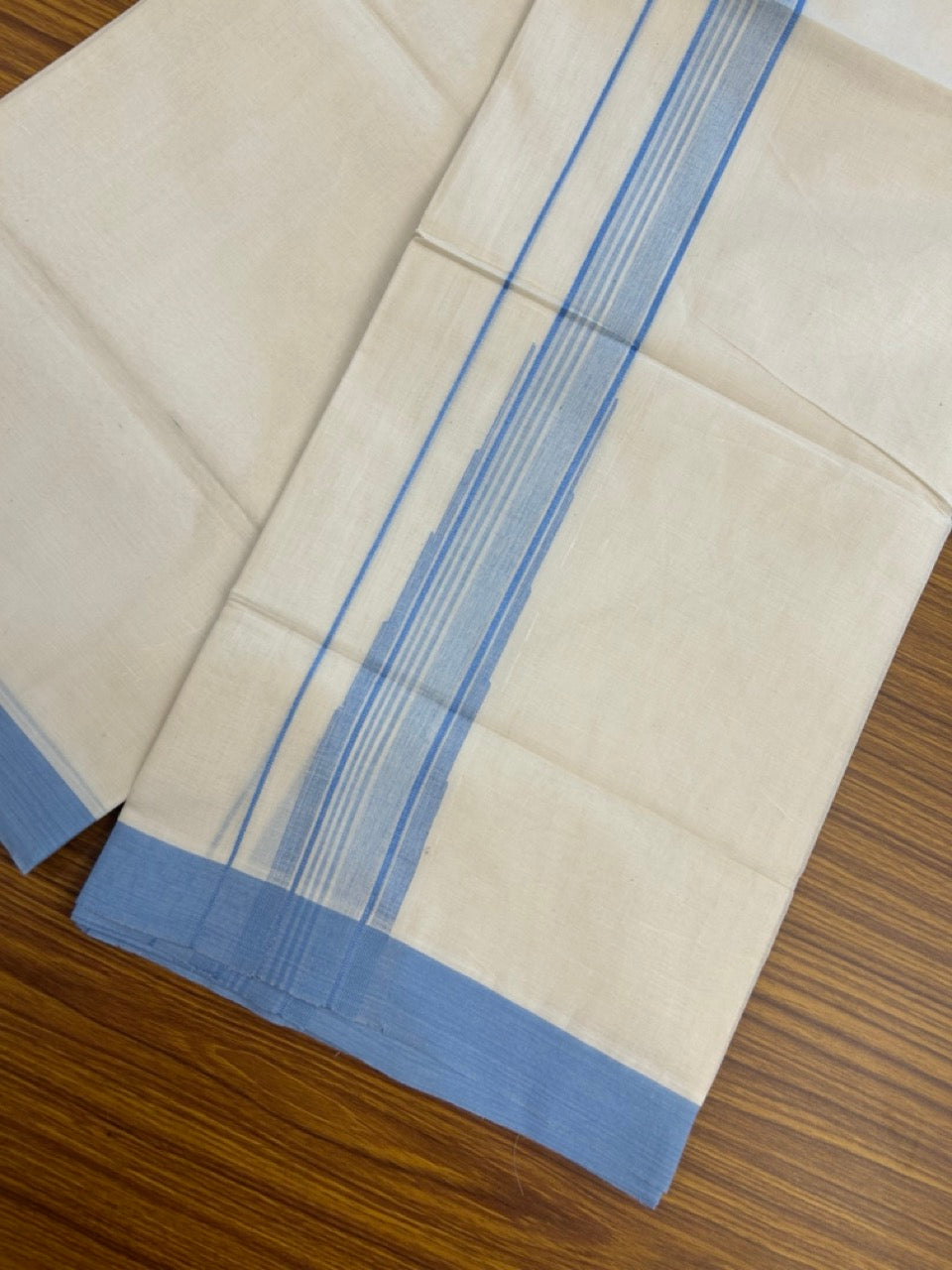 20% Discount! KaithariKada Balaramapuram 100% Cotton Double off white (Unbleached) Mundu/Dhoti - 100X80 - 1.5 inch Sky Blue Striped chutty Kara 4 mtr (8.5 Muzham) - 53 KK5283 PMC