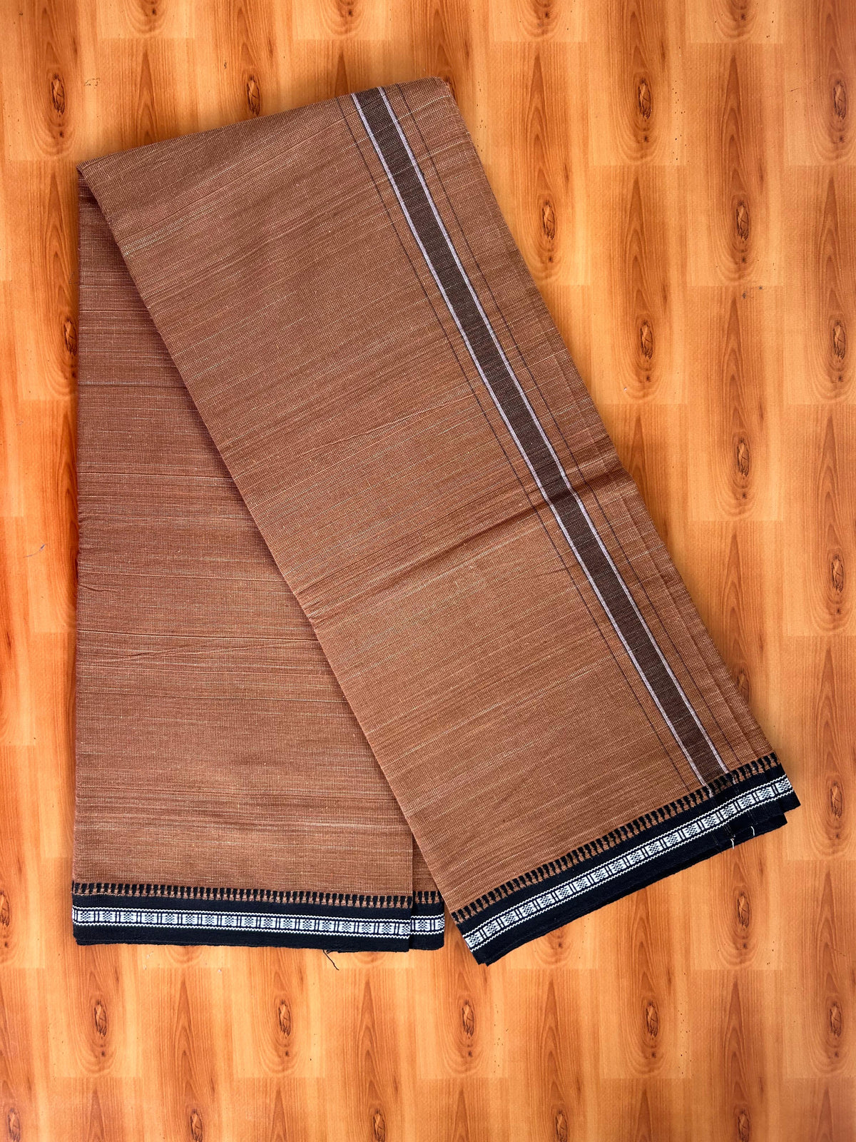 Premium Kathar Type Pure Cotton Single Mundu Kaitharikada - Kaily / Lungi - 2/ 20s - 1.75 inch Black White Striped kara with Brown colour Body Kuppadam Border 2.25 mtr (4.82 muzham) - 1 KK8093 KUT