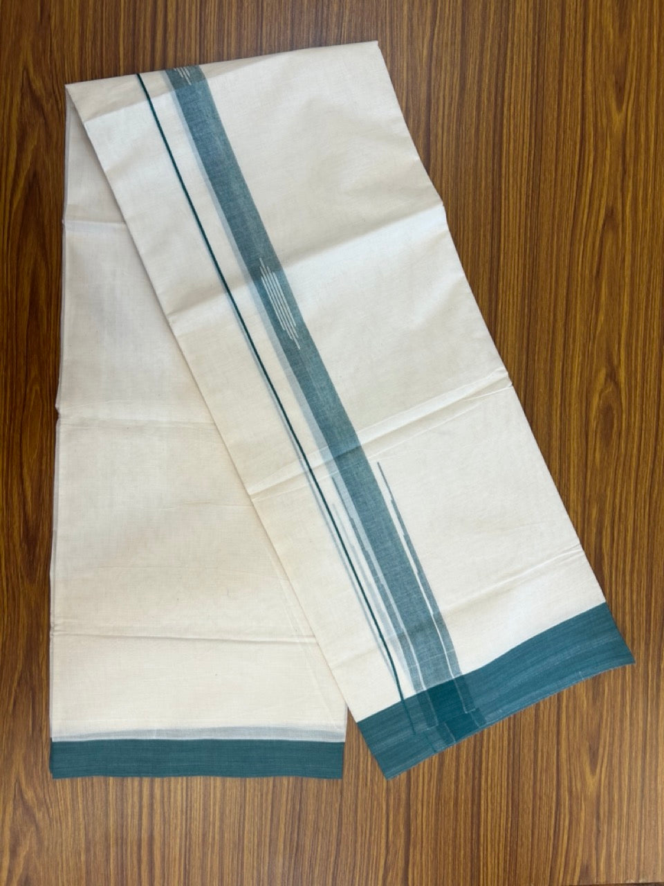 20% Discount! KaithariKada Balaramapuram 100% Cotton Double off white (Unbleached) Mundu/Dhoti - 100X80 - 1.75 inch Green Shaded Striped chutty Kara 4 mtr (8.5 Muzham) - 55 KK5283 PMC