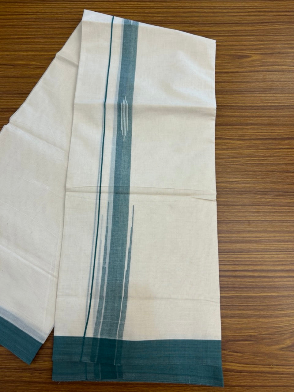 20% Discount! KaithariKada Balaramapuram 100% Cotton Double off white (Unbleached) Mundu/Dhoti - 100X80 - 1.75 inch Green Shaded Striped chutty Kara 4 mtr (8.5 Muzham) - 55 KK5283 PMC