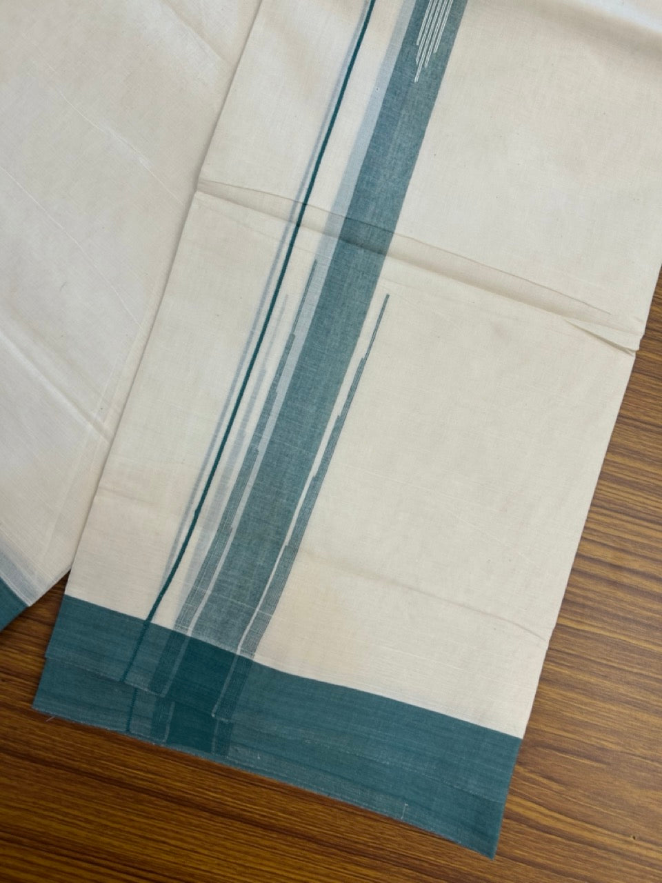 20% Discount! KaithariKada Balaramapuram 100% Cotton Double off white (Unbleached) Mundu/Dhoti - 100X80 - 1.75 inch Green Shaded Striped chutty Kara 4 mtr (8.5 Muzham) - 55 KK5283 PMC