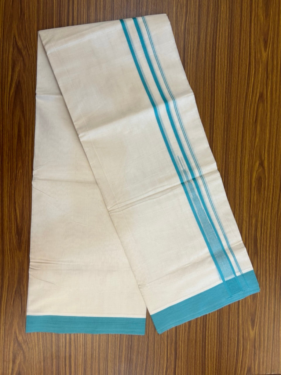 20% Discount! KaithariKada Balaramapuram 100% Cotton Double off white (Unbleached) Mundu/Dhoti - 100X80 - 1.25 inch Turqouise Green Striped chutty Kara 4 mtr (8.5 Muzham) - 59 KK5283 PMC