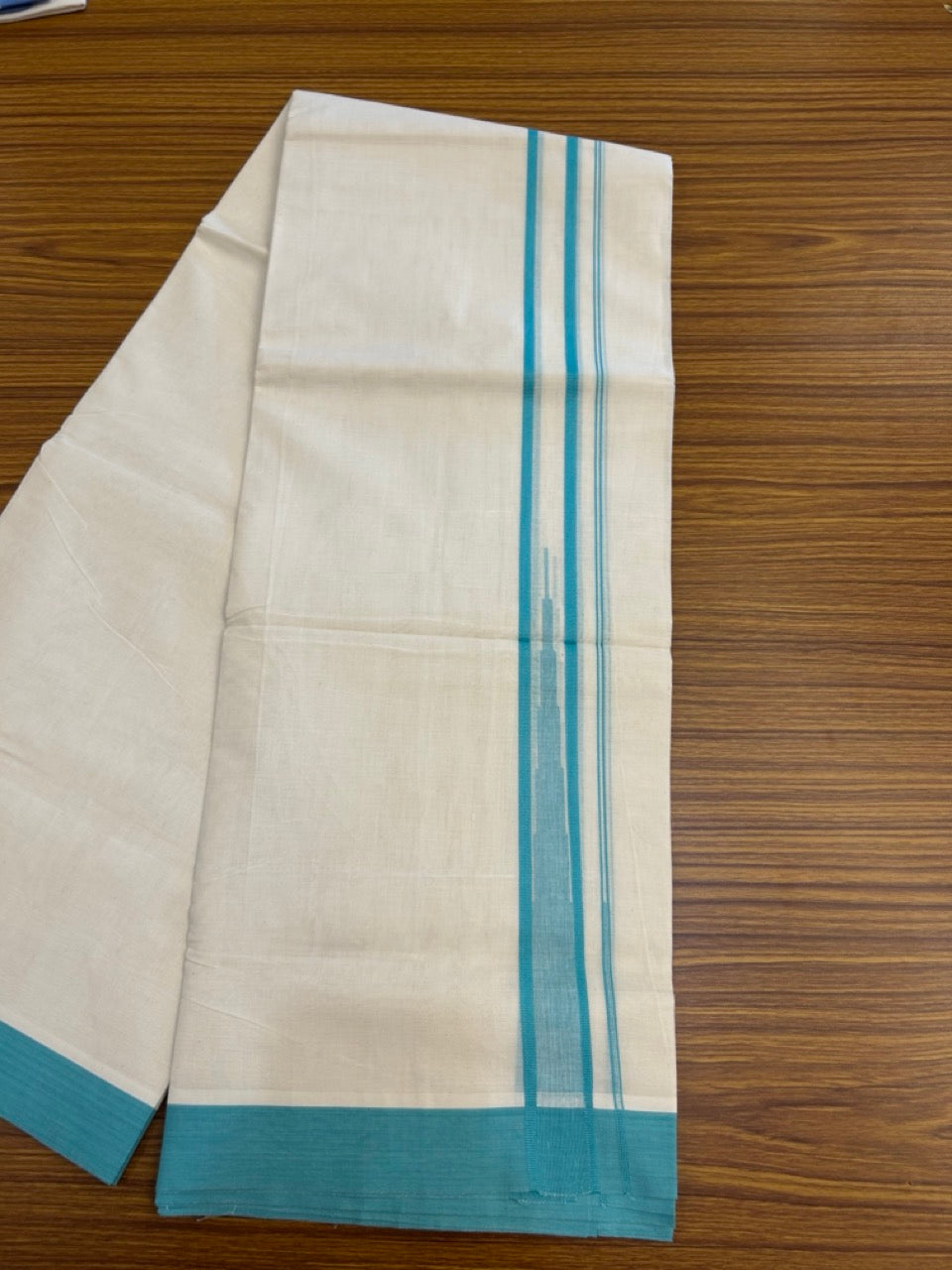 20% Discount! KaithariKada Balaramapuram 100% Cotton Double off white (Unbleached) Mundu/Dhoti - 100X80 - 1.25 inch Turqouise Green Striped chutty Kara 4 mtr (8.5 Muzham) - 59 KK5283 PMC