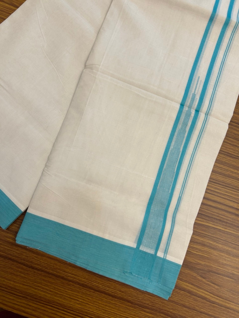 20% Discount! KaithariKada Balaramapuram 100% Cotton Double off white (Unbleached) Mundu/Dhoti - 100X80 - 1.25 inch Turqouise Green Striped chutty Kara 4 mtr (8.5 Muzham) - 59 KK5283 PMC