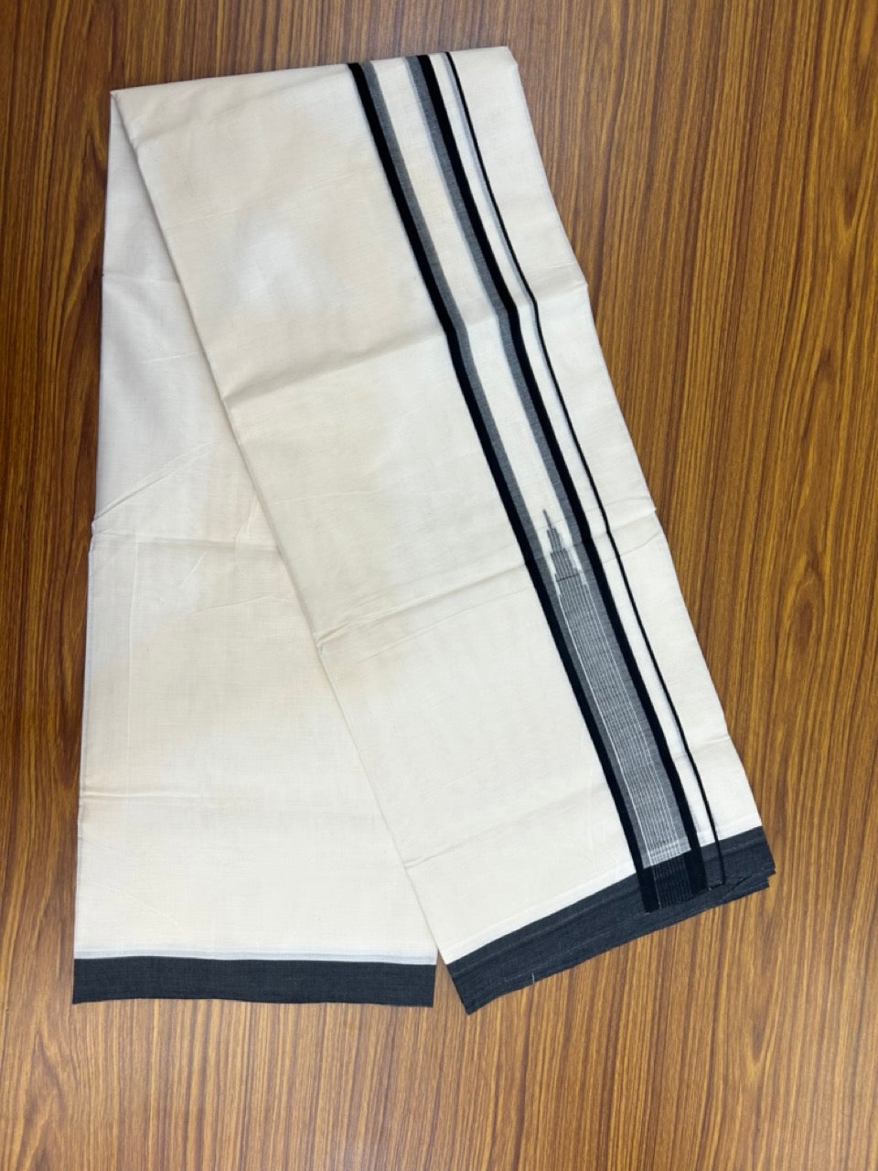 20% Discount! KaithariKada Balaramapuram 100% Cotton Double off white (Unbleached) Mundu/Dhoti - 100X80 - 2 inch Black Striped chutty Kara 4 mtr (8.5 Muzham) - 60 KK5283 PMC