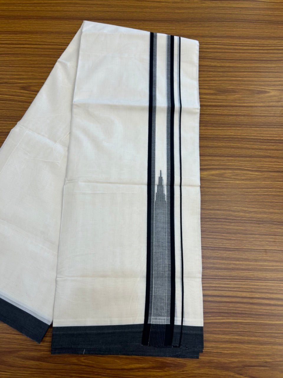 20% Discount! KaithariKada Balaramapuram 100% Cotton Double off white (Unbleached) Mundu/Dhoti - 100X80 - 2 inch Black Striped chutty Kara 4 mtr (8.5 Muzham) - 60 KK5283 PMC