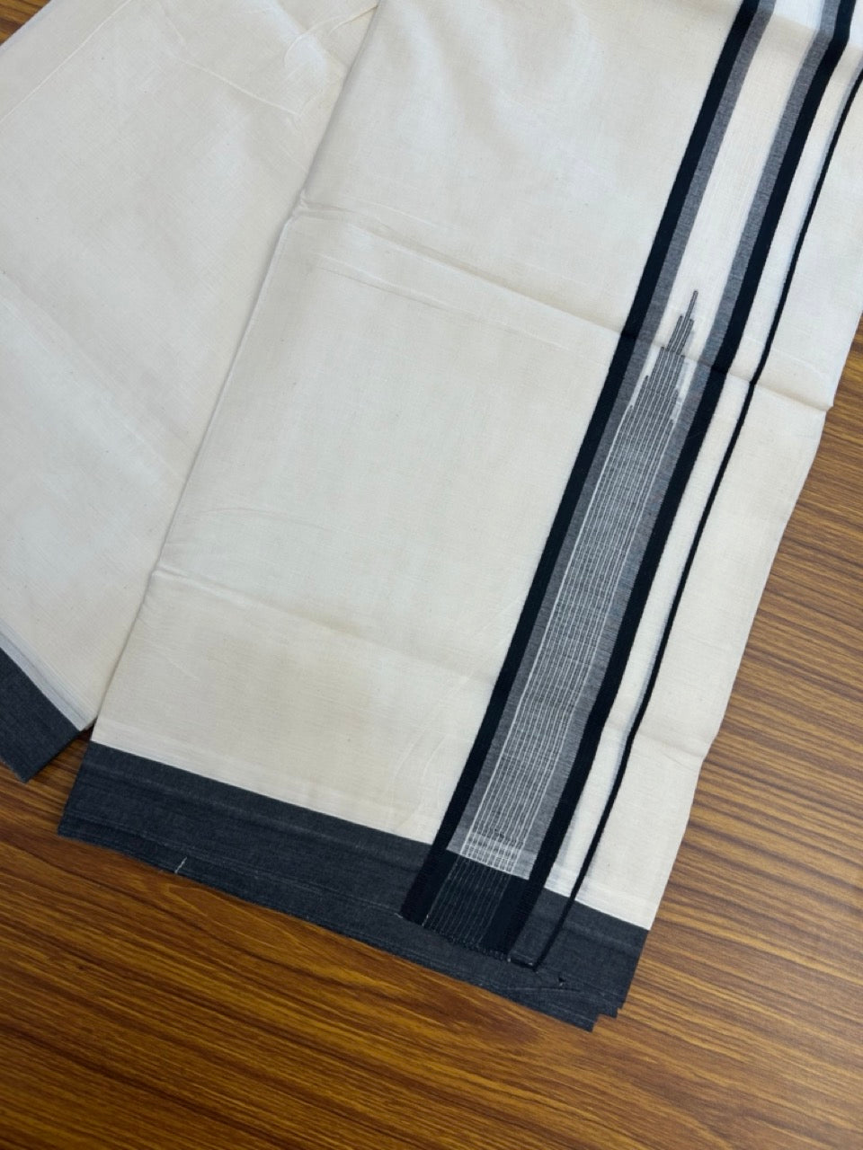 20% Discount! KaithariKada Balaramapuram 100% Cotton Double off white (Unbleached) Mundu/Dhoti - 100X80 - 2 inch Black Striped chutty Kara 4 mtr (8.5 Muzham) - 60 KK5283 PMC