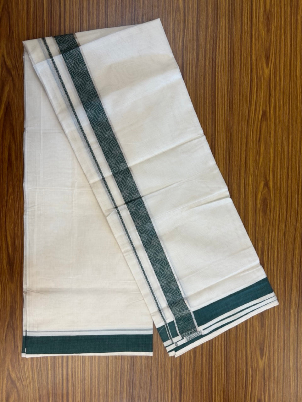 20% DISCOUNT ! KaithariKada Balaramapuram 100%  Cotton Double off white  (Unbleached) Mundu/Dhoti - 100X80 - 1.5 inch Silver kasavu & Green jacquard design kara - 4 mtr (8.5 Muzham) - 27 KK5283 PMC