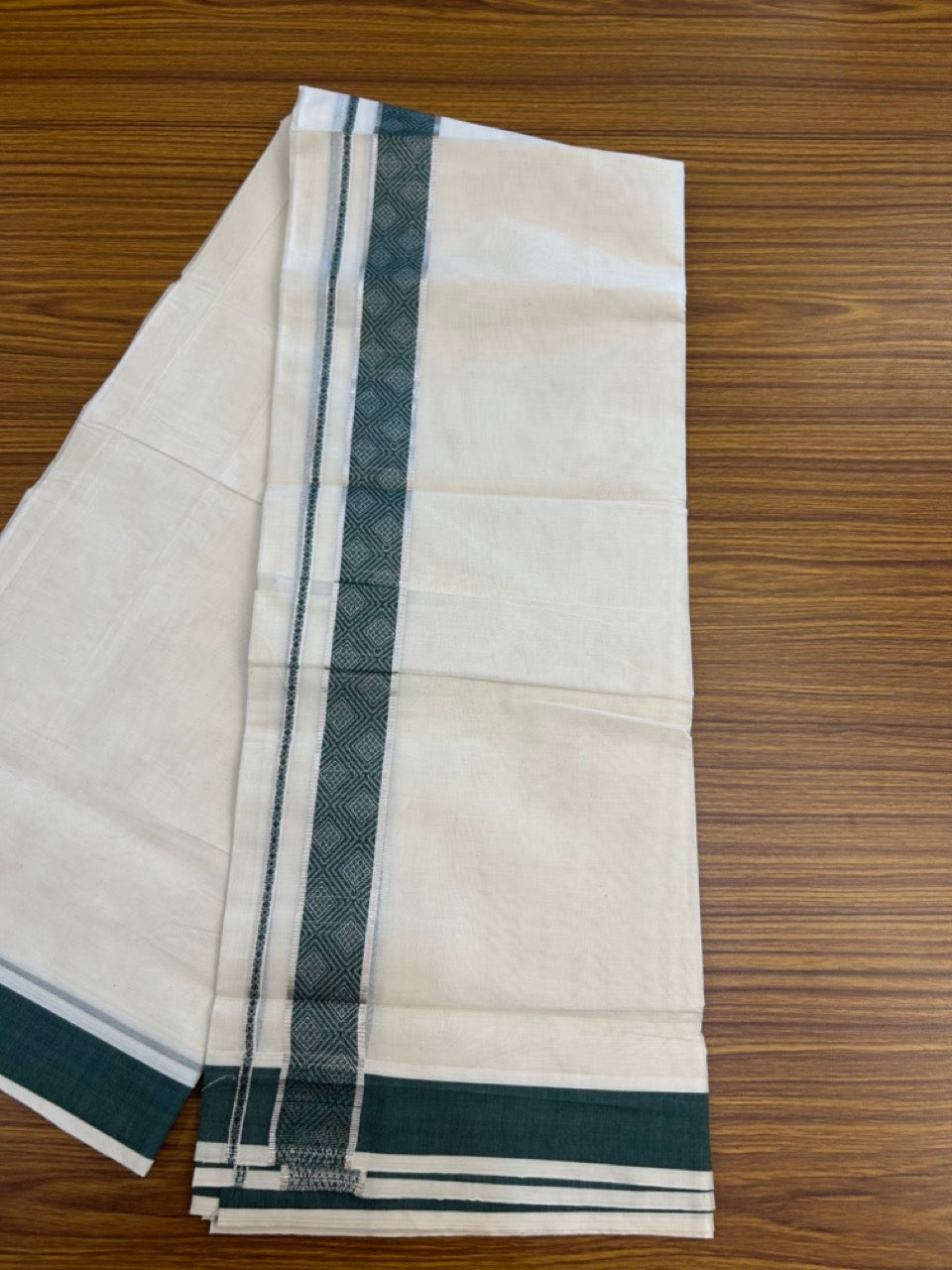 20% DISCOUNT ! KaithariKada Balaramapuram 100%  Cotton Double off white  (Unbleached) Mundu/Dhoti - 100X80 - 1.5 inch Silver kasavu & Green jacquard design kara - 4 mtr (8.5 Muzham) - 27 KK5283 PMC