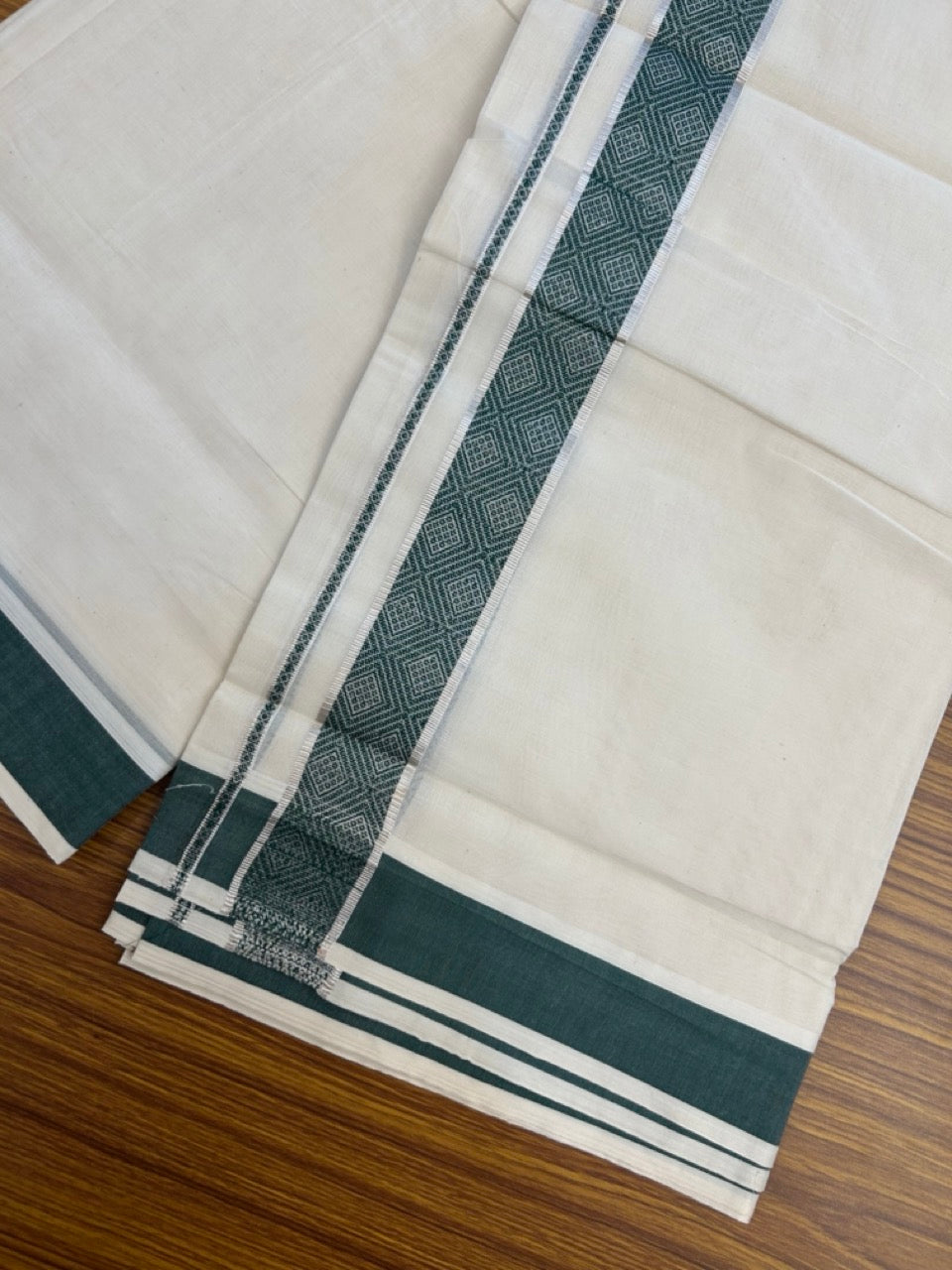 20% DISCOUNT ! KaithariKada Balaramapuram 100%  Cotton Double off white  (Unbleached) Mundu/Dhoti - 100X80 - 1.5 inch Silver kasavu & Green jacquard design kara - 4 mtr (8.5 Muzham) - 27 KK5283 PMC