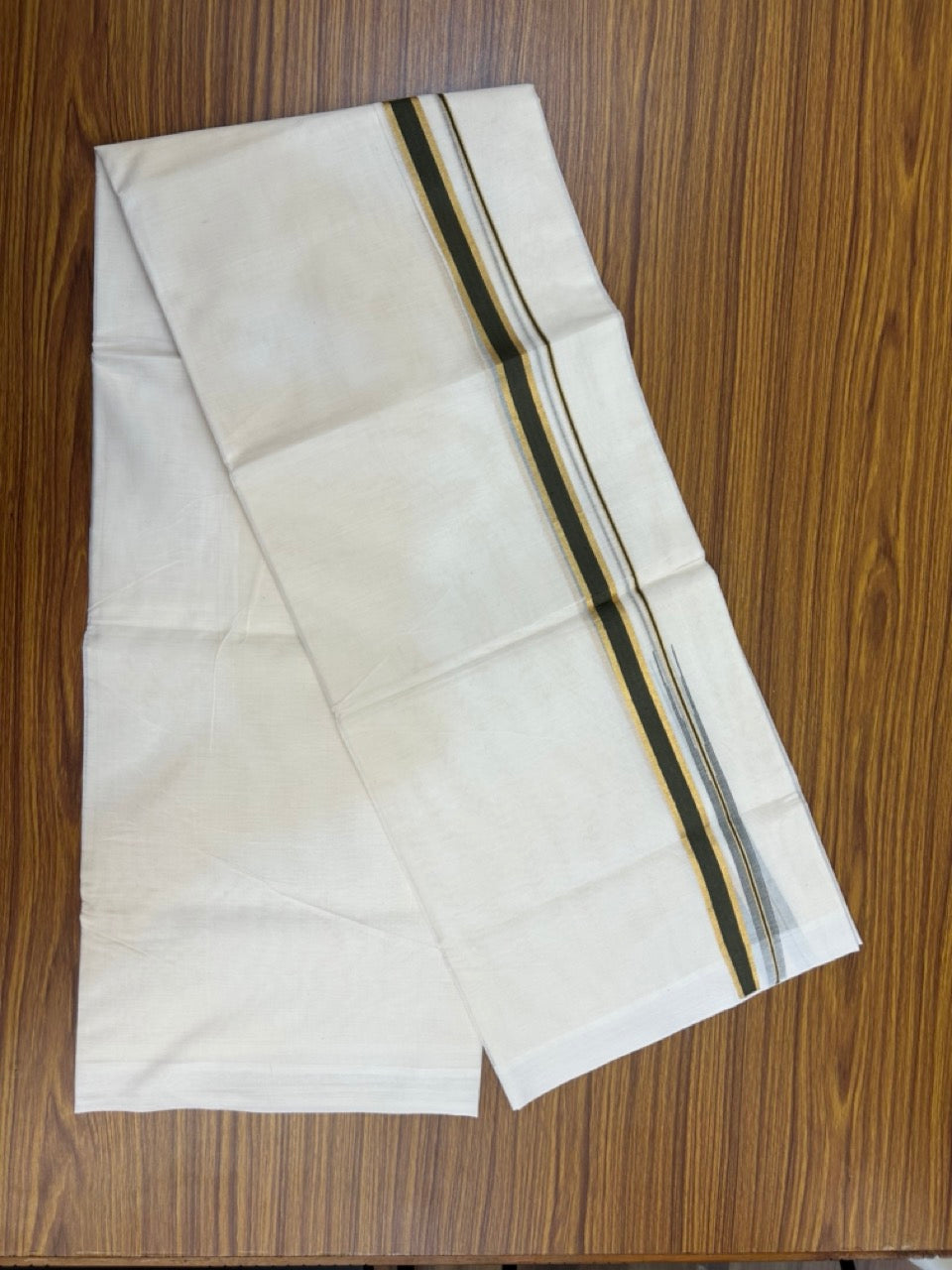 20% Discount ! Kaitharikada Balaramapuram 100% Pure Cotton Double Off white (Unbleached) Mundu/Dhoti - 100x80 - 0.75 inch Gold Kasav & Dark Olive Green Shaded Chutty Kara - 22 KK5283 PMC