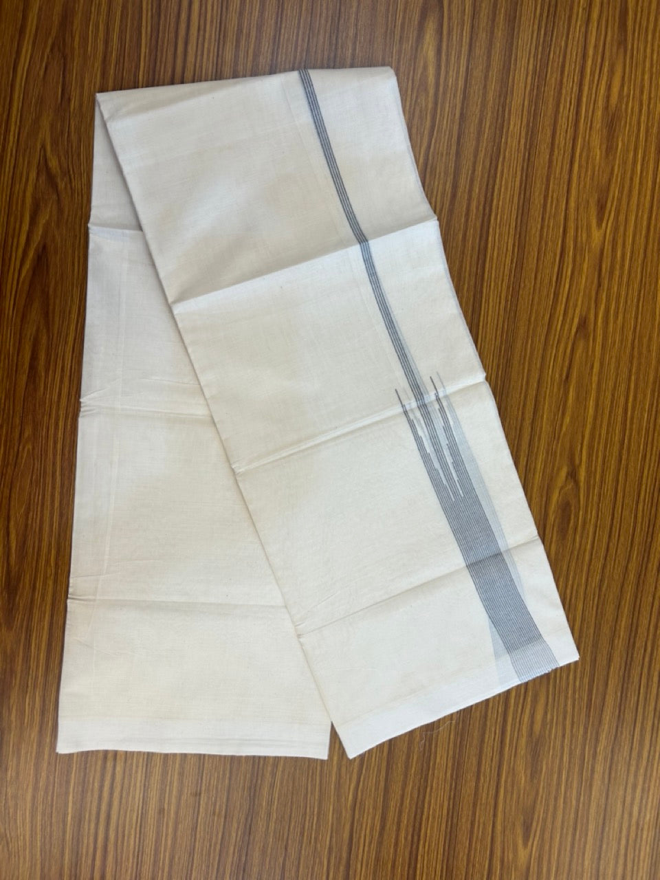 20% Discount! KaithariKada Balaramapuram 100% Cotton Double off white (Unbleached) Mundu/Dhoti - 100X80 - 1.5 inch Ash Black Striped chutty Kara 4 mtr (8.5 Muzham) - 64 KK5283 PMC