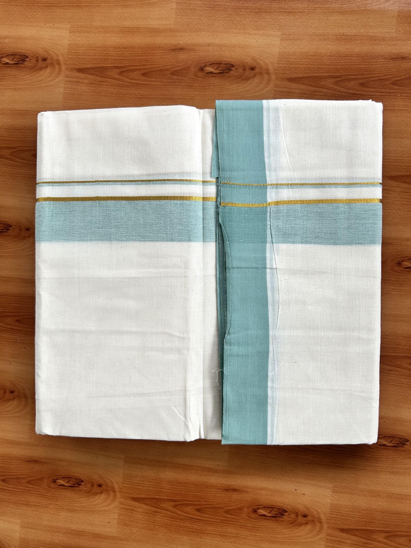 Double Off White (Unbleached) Mundu/Dhoti - 20% Discount! Kaitharikada Pure Cotton - 80x80 - 1.25 Inch Gold Kasav & Mint Green Shaded Kara 4 mtr (8.5 muzham) - 15 KK5465 MRH