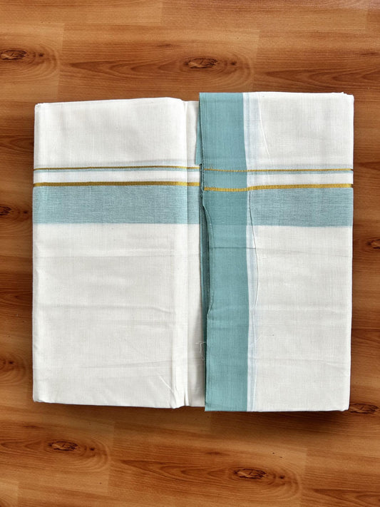 Double Off White (Unbleached) Mundu/Dhoti - 20% Discount! Kaitharikada Pure Cotton - 80x80 - 1.25 Inch Gold Kasav & Mint Green Shaded Kara 4 mtr (8.5 muzham) - 15 KK5465 MRH