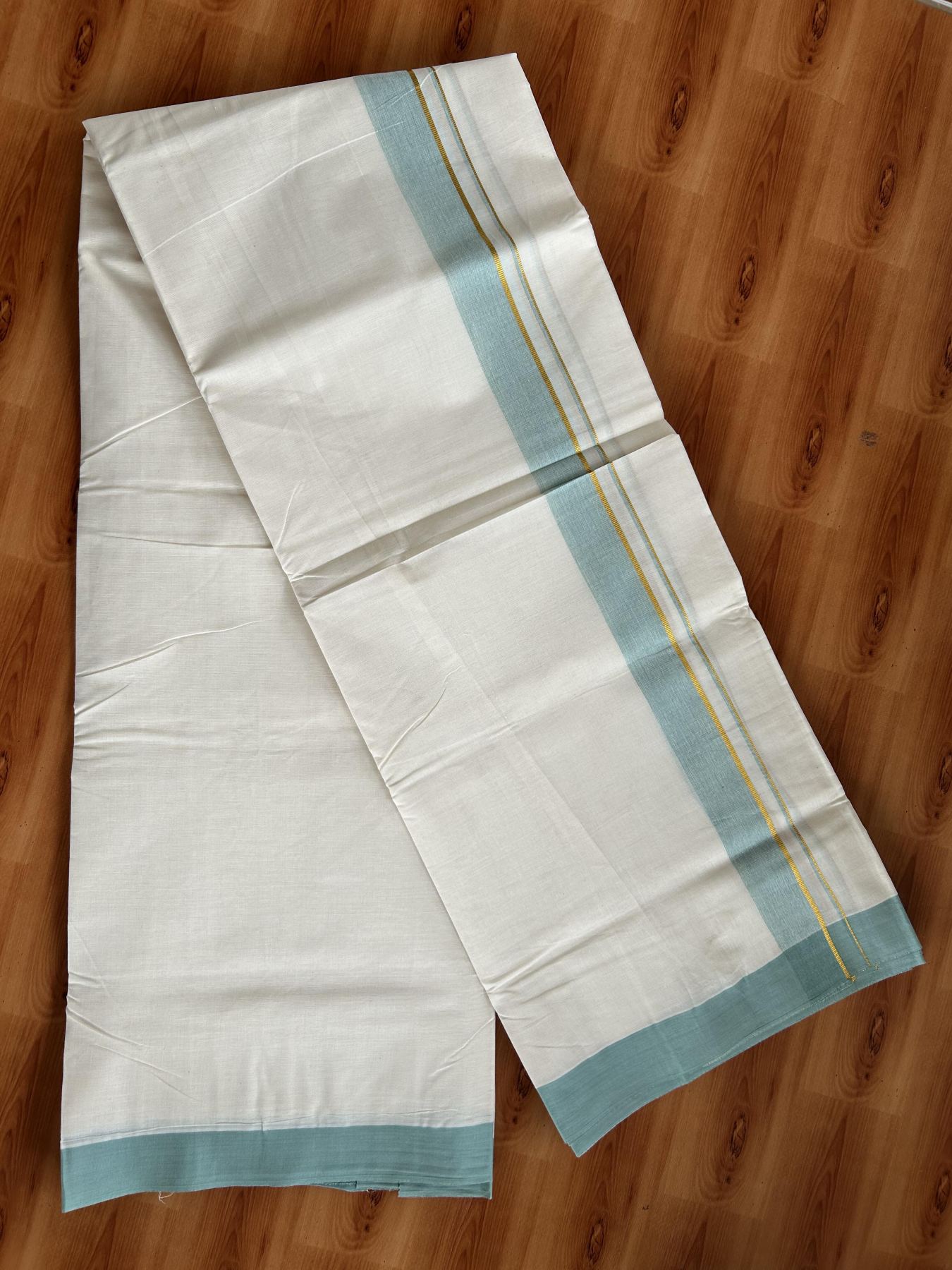 Double Off White (Unbleached) Mundu/Dhoti - 20% Discount! Kaitharikada Pure Cotton - 80x80 - 1.25 Inch Gold Kasav & Mint Green Shaded Kara 4 mtr (8.5 muzham) - 15 KK5465 MRH