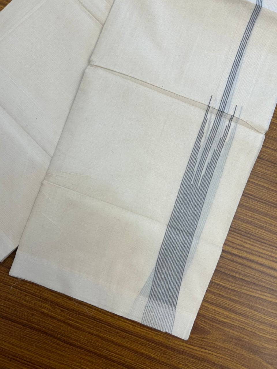 20% Discount! KaithariKada Balaramapuram 100% Cotton Double off white (Unbleached) Mundu/Dhoti - 100X80 - 1.5 inch Ash Black Striped chutty Kara 4 mtr (8.5 Muzham) - 64 KK5283 PMC