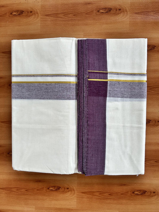 Double Off White (Unbleached) Mundu/Dhoti - 20% Discount! Kaitharikada Pure Cotton - 80x80 - 1.25 Inch Gold Kasav & Wine Purple Shaded Kara 4 mtr (8.5 muzham) - 13 KK5465 MRH