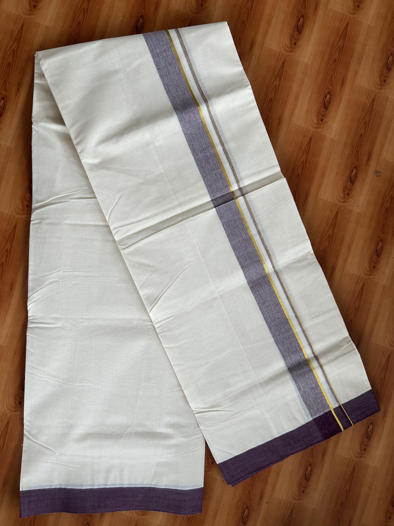 Double Off White (Unbleached) Mundu/Dhoti - 20% Discount! Kaitharikada Pure Cotton - 80x80 - 1.25 Inch Gold Kasav & Wine Purple Shaded Kara 4 mtr (8.5 muzham) - 13 KK5465 MRH