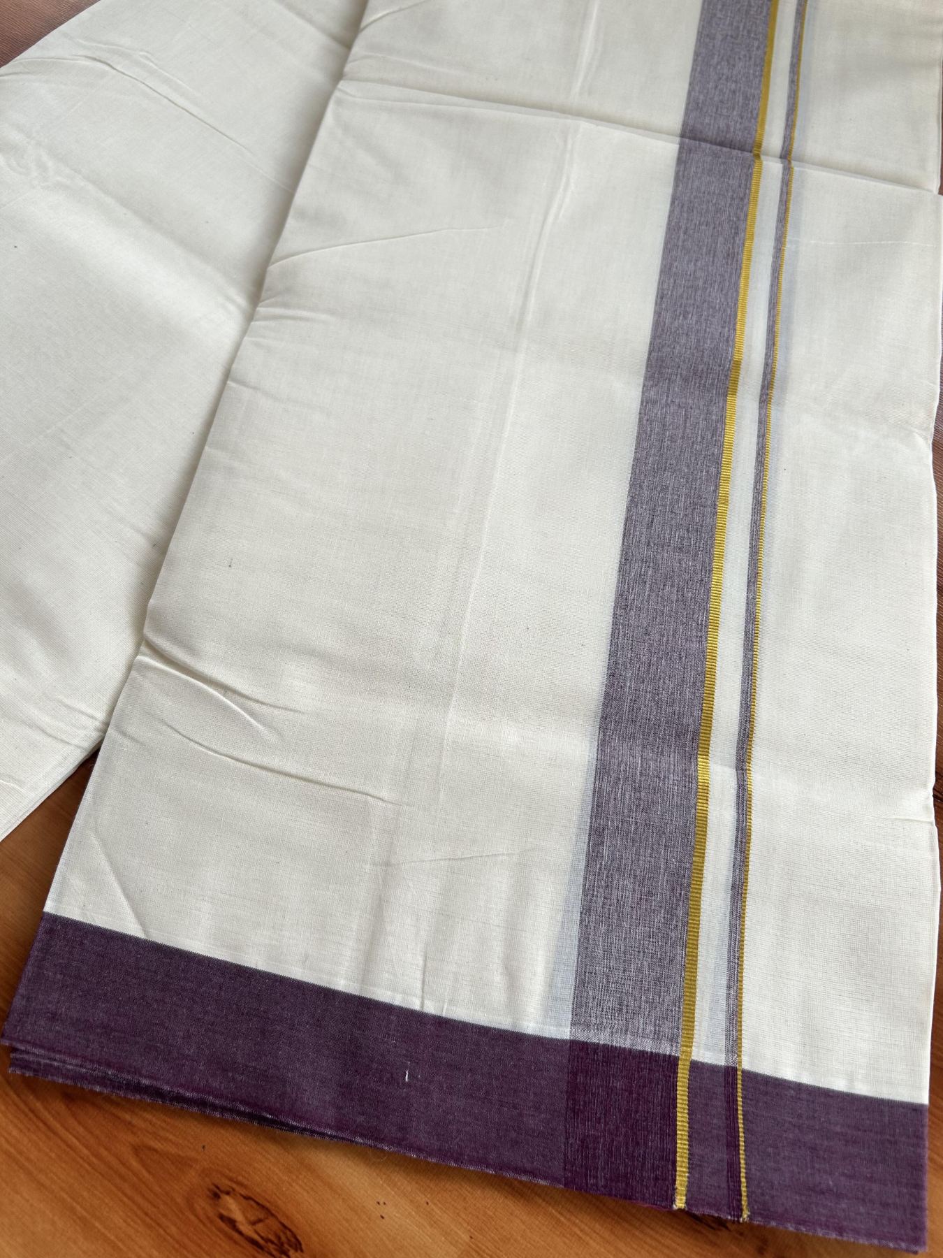 Double Off White (Unbleached) Mundu/Dhoti - 20% Discount! Kaitharikada Pure Cotton - 80x80 - 1.25 Inch Gold Kasav & Wine Purple Shaded Kara 4 mtr (8.5 muzham) - 13 KK5465 MRH