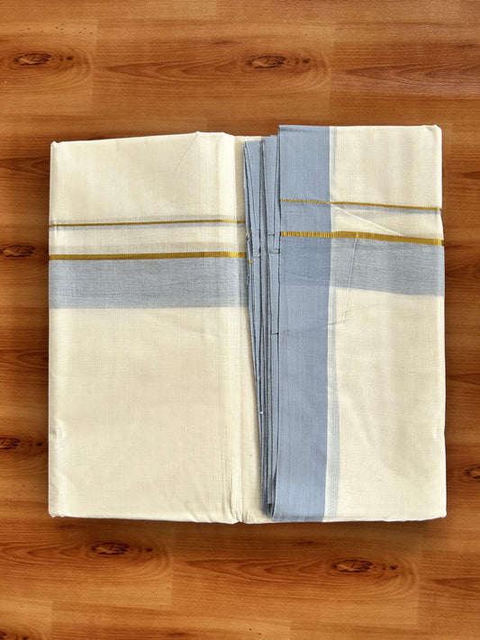 Double Off White (Unbleached) Mundu/Dhoti - 20% Discount! Kaitharikada Pure Cotton - 80x80 - 1.25 Inch Gold Kasav & Greyish Blue Shaded Kara 4 mtr (8.5 muzham) - 9 KK5465 MRH