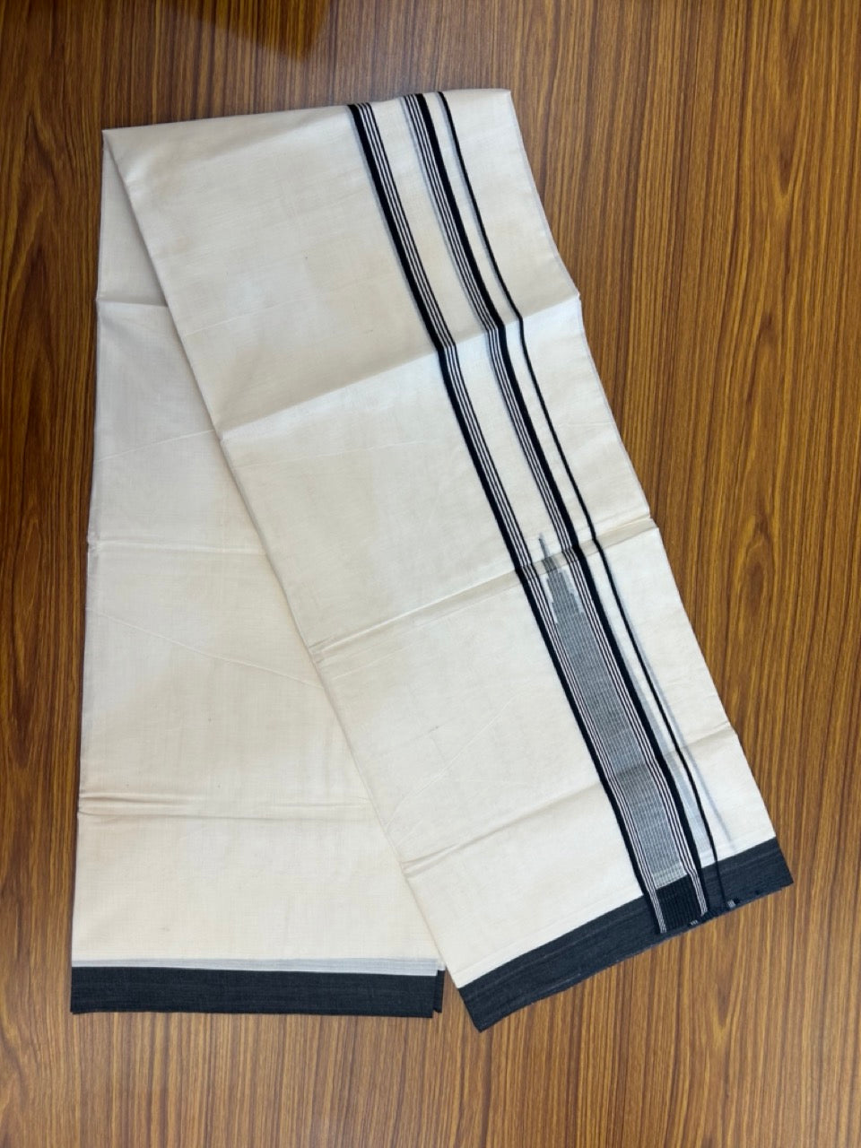 20% Discount! KaithariKada Balaramapuram 100% Cotton Double off white (Unbleached) Mundu/Dhoti - 100X80 - 2 inch Black Striped chutty Kara 4 mtr (8.5 Muzham) - 57 KK5283 PMC
