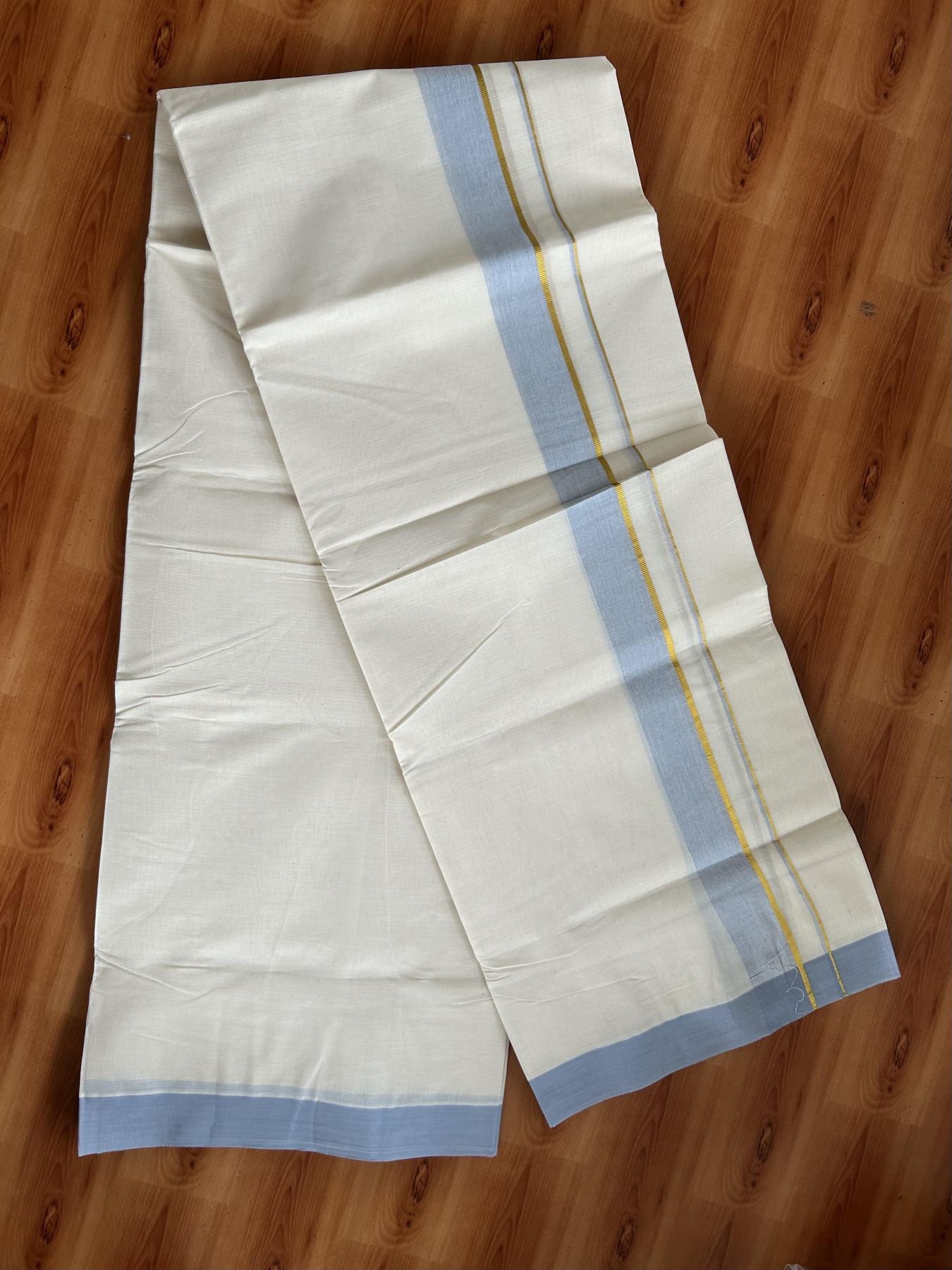 Double Off White (Unbleached) Mundu/Dhoti - 20% Discount! Kaitharikada Pure Cotton - 80x80 - 1.25 Inch Gold Kasav & Greyish Blue Shaded Kara 4 mtr (8.5 muzham) - 9 KK5465 MRH