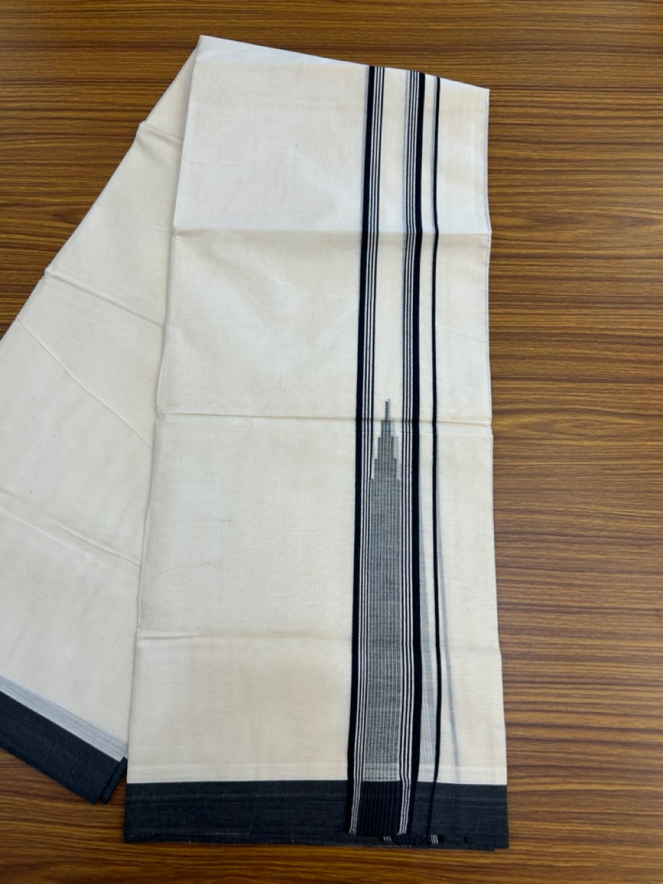 20% Discount! KaithariKada Balaramapuram 100% Cotton Double off white (Unbleached) Mundu/Dhoti - 100X80 - 2 inch Black Striped chutty Kara 4 mtr (8.5 Muzham) - 57 KK5283 PMC