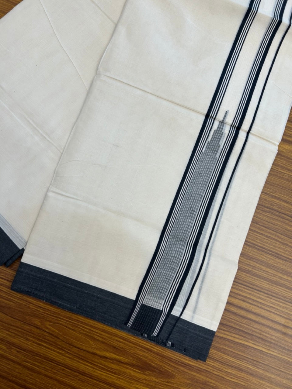20% Discount! KaithariKada Balaramapuram 100% Cotton Double off white (Unbleached) Mundu/Dhoti - 100X80 - 2 inch Black Striped chutty Kara 4 mtr (8.5 Muzham) - 57 KK5283 PMC