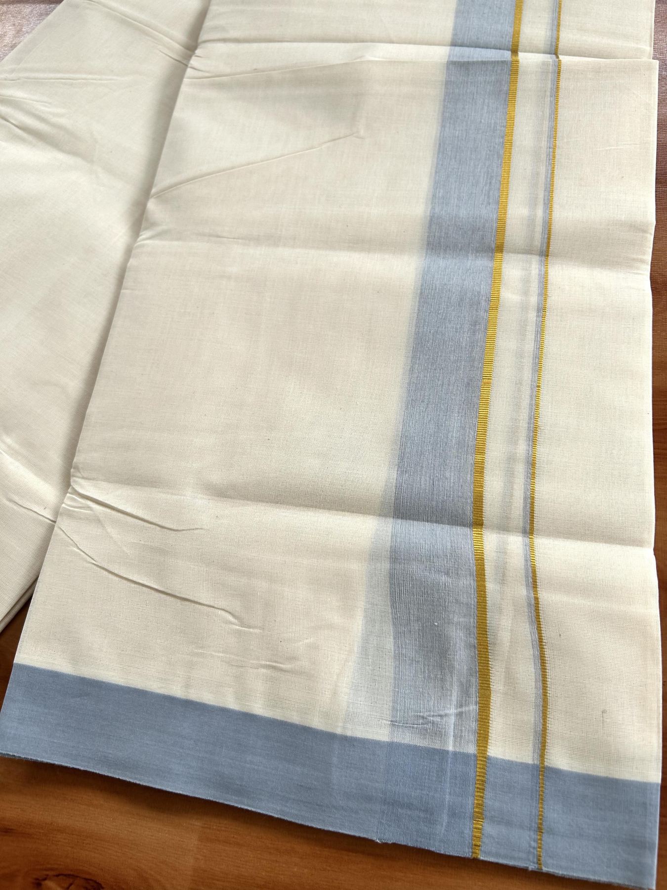 Double Off White (Unbleached) Mundu/Dhoti - 20% Discount! Kaitharikada Pure Cotton - 80x80 - 1.25 Inch Gold Kasav & Greyish Blue Shaded Kara 4 mtr (8.5 muzham) - 9 KK5465 MRH