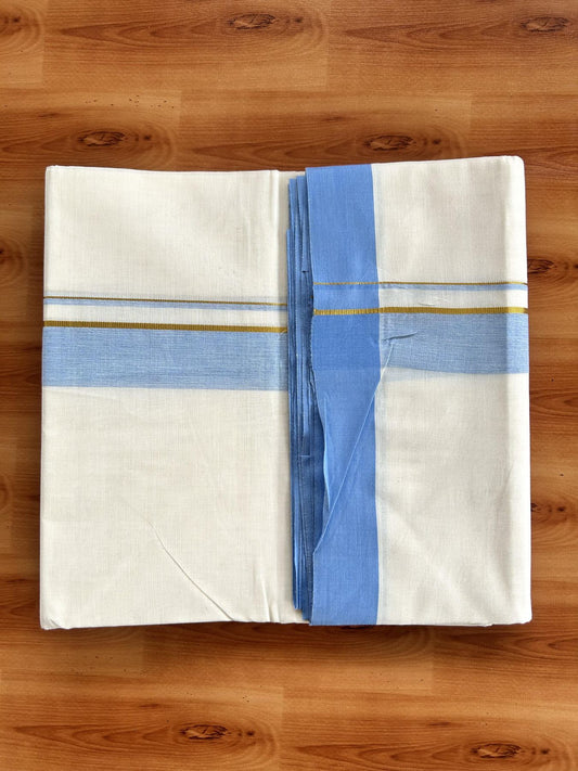 Double Off White (Unbleached) Mundu/Dhoti - 20% Discount! Kaitharikada Pure Cotton - 80x80 - 1.25 Inch Gold Kasav & Light Blue Shaded Kara 4 mtr (8.5 muzham) - 8 KK5465 MRH