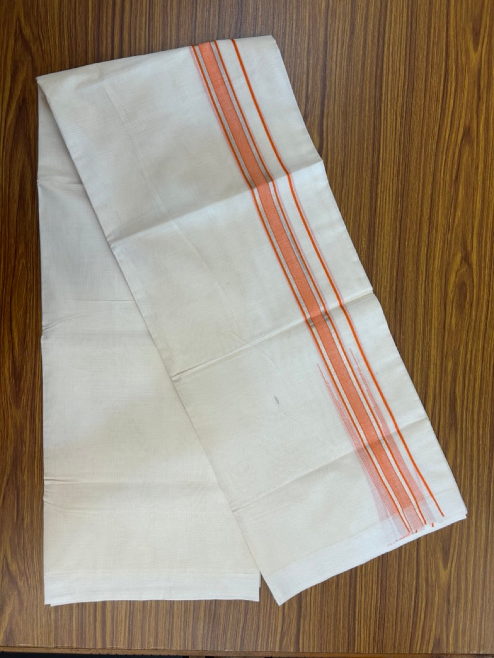 20% Discount! KaithariKada Balaramapuram 100%  Cotton Double off white (Unbleached) Mundu/Dhoti - 100X80 - 1.75 inch Silver kasav & Orange Striped chutty Kara 4 mtr (8.5 Muzham) - 48 KK5283 PMC