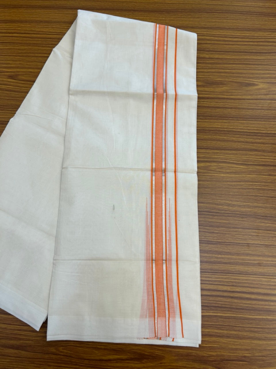 20% Discount! KaithariKada Balaramapuram 100%  Cotton Double off white (Unbleached) Mundu/Dhoti - 100X80 - 1.75 inch Silver kasav & Orange Striped chutty Kara 4 mtr (8.5 Muzham) - 48 KK5283 PMC