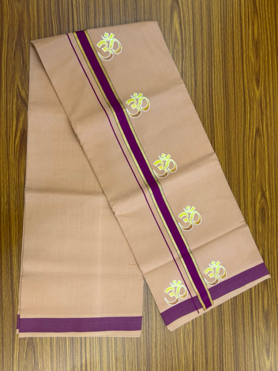 21% Discount ! Kaitharikada Pure Cotton - Single Kaily / Lungi -(40s)- 1.25 inch Violet & Gold Kasav Ohm Printed Design kara with Light Kavi colour body  (2 meter / 4 muzham) - 41 KK8028 GAN
