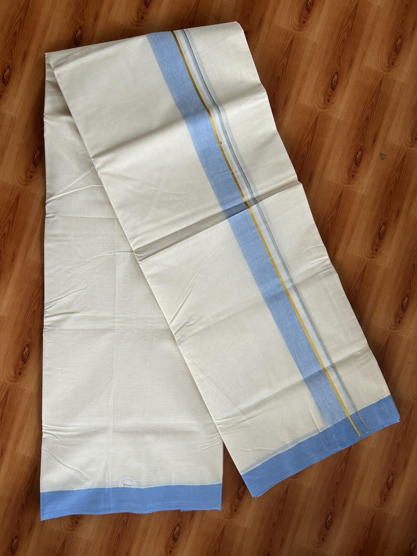 Double Off White (Unbleached) Mundu/Dhoti - 20% Discount! Kaitharikada Pure Cotton - 80x80 - 1.25 Inch Gold Kasav & Light Blue Shaded Kara 4 mtr (8.5 muzham) - 8 KK5465 MRH