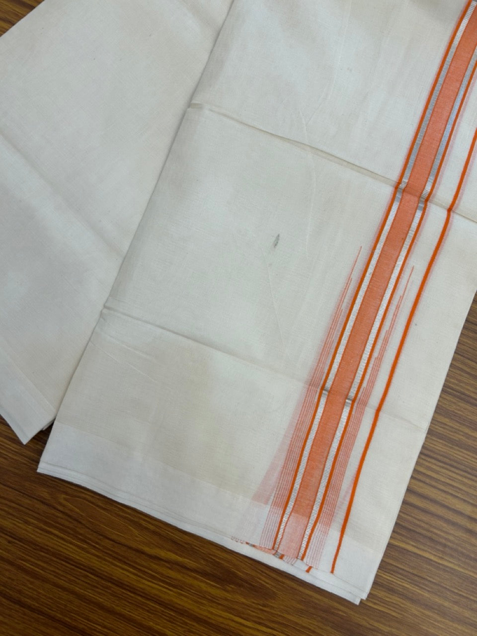 20% Discount! KaithariKada Balaramapuram 100%  Cotton Double off white (Unbleached) Mundu/Dhoti - 100X80 - 1.75 inch Silver kasav & Orange Striped chutty Kara 4 mtr (8.5 Muzham) - 48 KK5283 PMC