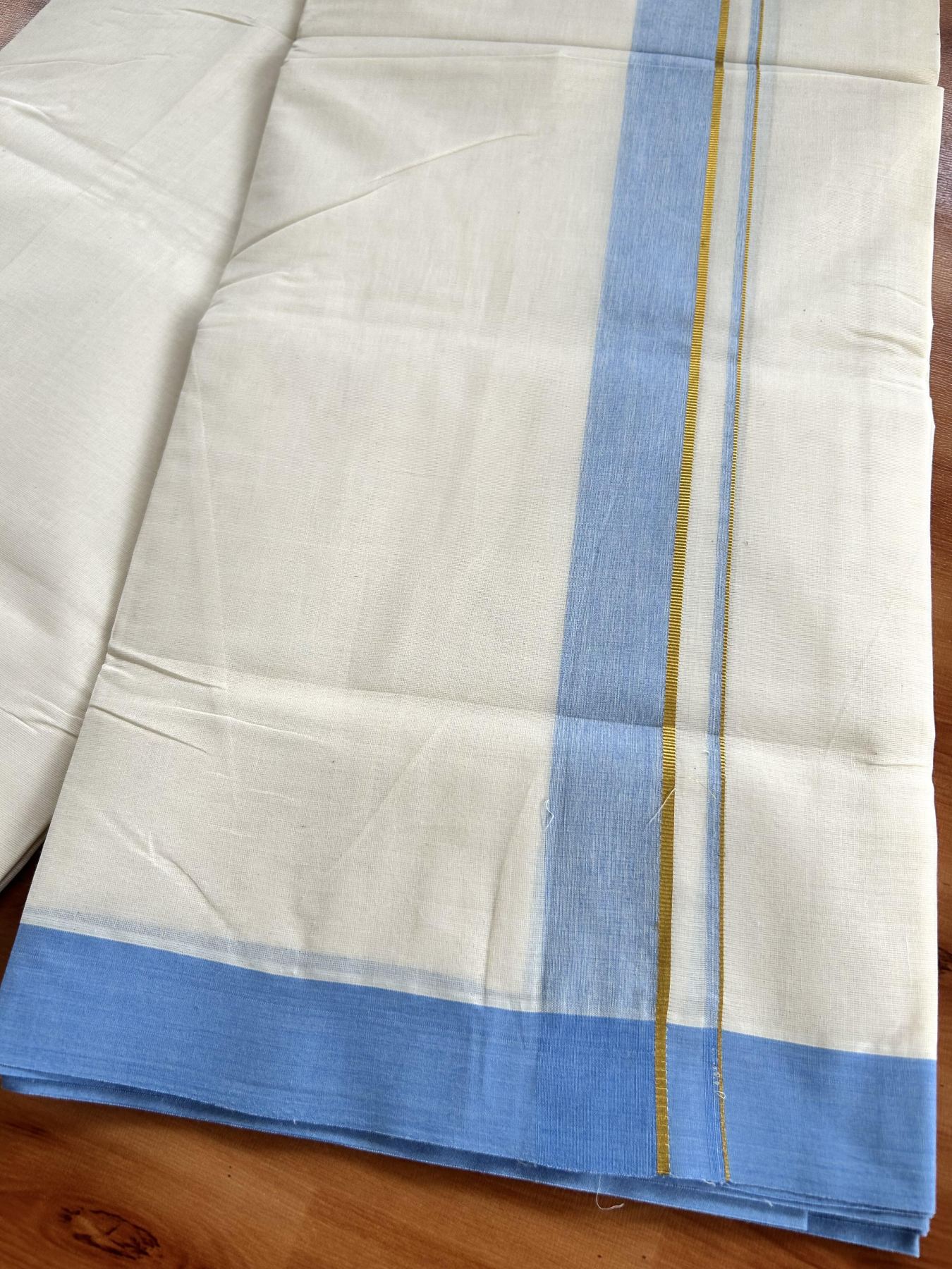 Double Off White (Unbleached) Mundu/Dhoti - 20% Discount! Kaitharikada Pure Cotton - 80x80 - 1.25 Inch Gold Kasav & Light Blue Shaded Kara 4 mtr (8.5 muzham) - 8 KK5465 MRH